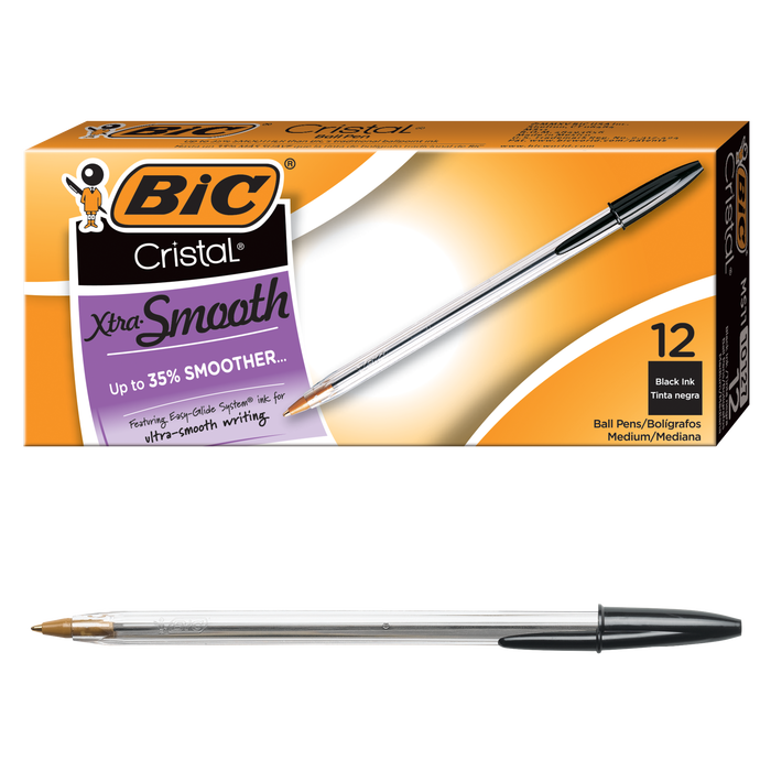 BIC Cristal Xtra Smooth Black Ballpoint Pens, Medium Point (1.0mm), 12-Count Pack, Extra Smooth and Reliable Ballpoint Pens