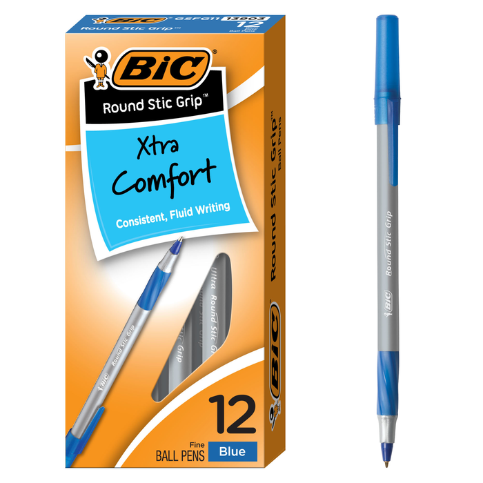 BIC Round Stic Grip Xtra Comfort Blue Ballpoint Pens, Medium Point (1.2mm), 12-Count Pack, Excellent Writing Pens With Soft Grip for Superb Comfort and Control