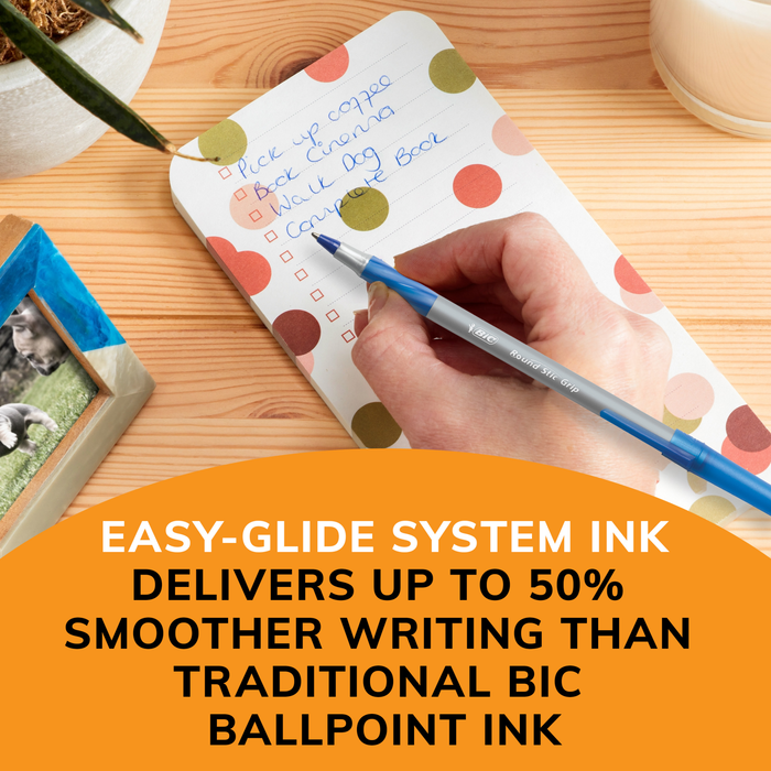 BIC Round Stic Grip Xtra Comfort Blue Ballpoint Pens, Medium Point (1.2mm), 12-Count Pack, Excellent Writing Pens With Soft Grip for Superb Comfort and Control