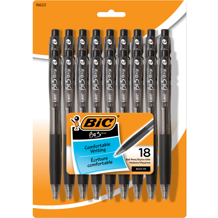 BIC BU3 Grip Retractable Ballpoint Pen, Medium Point (1.0mm), Black, Retractable Black Ballpoint Pens for School and Office, 18-Count