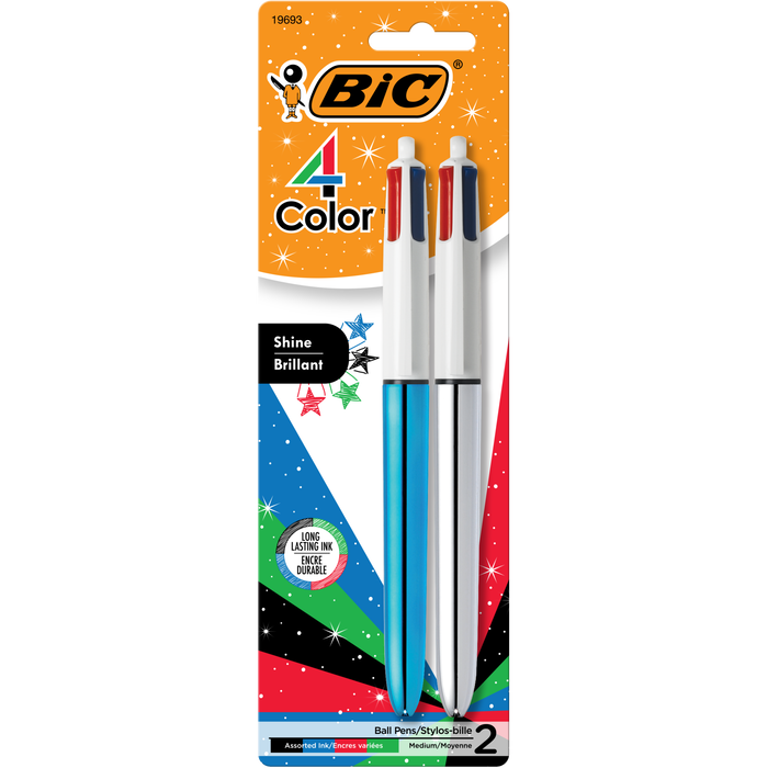 BIC 4-Color Shine Retractable Metallic Ballpoint Pens, Medium Point (1.0mm), 2-Count Pack, Retractable Ballpoint Pen With Long-Lasting Ink