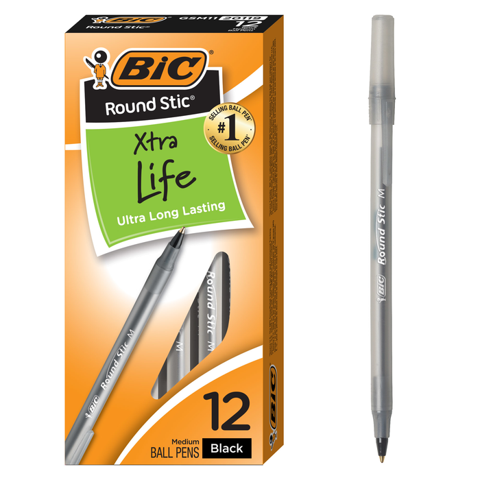 BIC Round Stic Xtra Life Black Ballpoint Pens, Medium Point (1.0mm), 12-Count Pack of Bulk Pens, Flexible Round Barrel for Writing Comfort, No. 1 Selling Ballpoint Pens