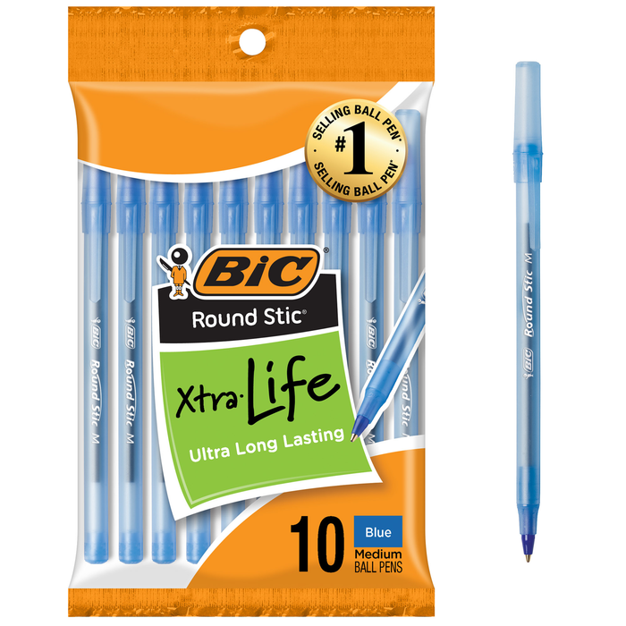 BIC Round Stic Xtra Life Blue Ballpoint Pens, Medium Point (1.0mm), 10-Count Pack of Bulk Pens, Flexible Round Barrel for Writing Comfort, No. 1 Selling Ballpoint Pens
