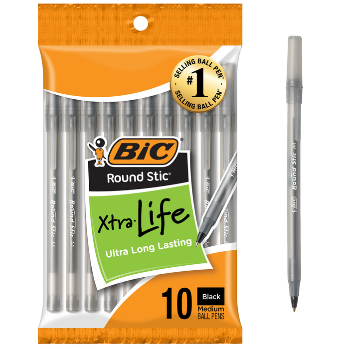 BIC Round Stic Xtra Life Black Ballpoint Pens, Medium Point (1.0mm), 10-Count Pack of Bulk Pens, Flexible Round Barrel for Writing Comfort, No. 1 Selling Ballpoint Pens