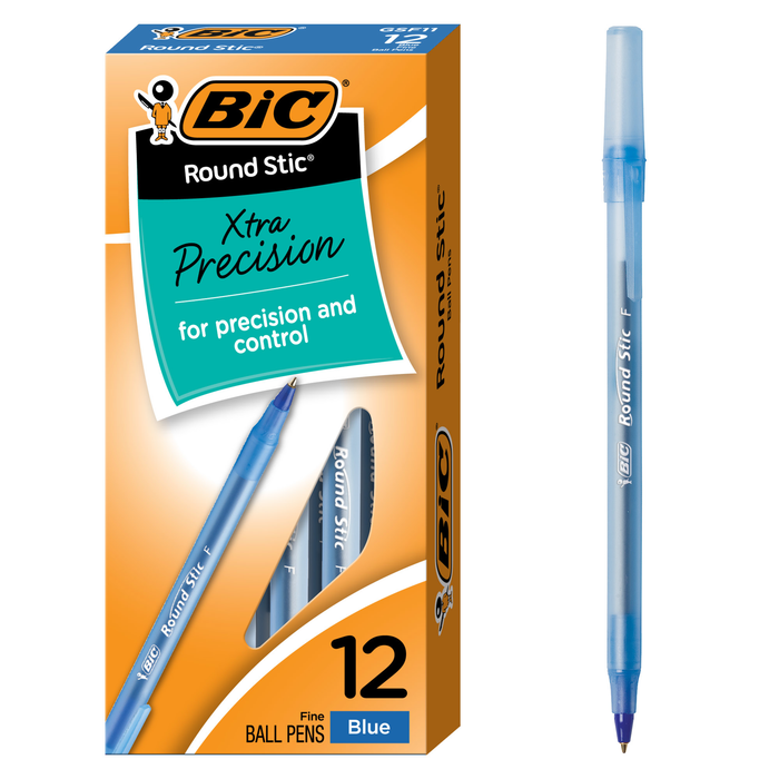 BIC Round Stic Xtra Precision Fine Blue Ballpoint Pens, Medium Point (0.8 mm), 12-Count Pack, Excellent Writing Pens