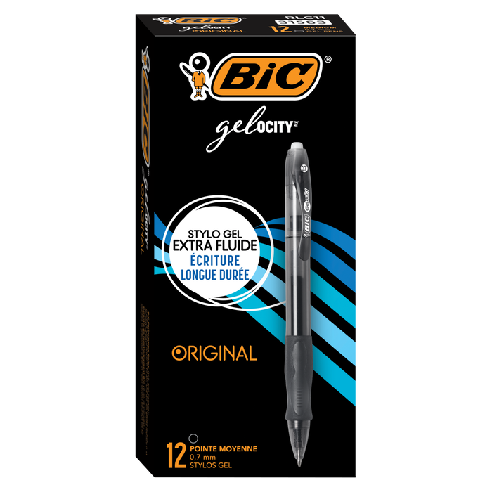BIC Gelocity Original Black Gel Pens, Medium Point (0.7mm), 12-Count Pack, Retractable Gel Pens With Comfortable Grip