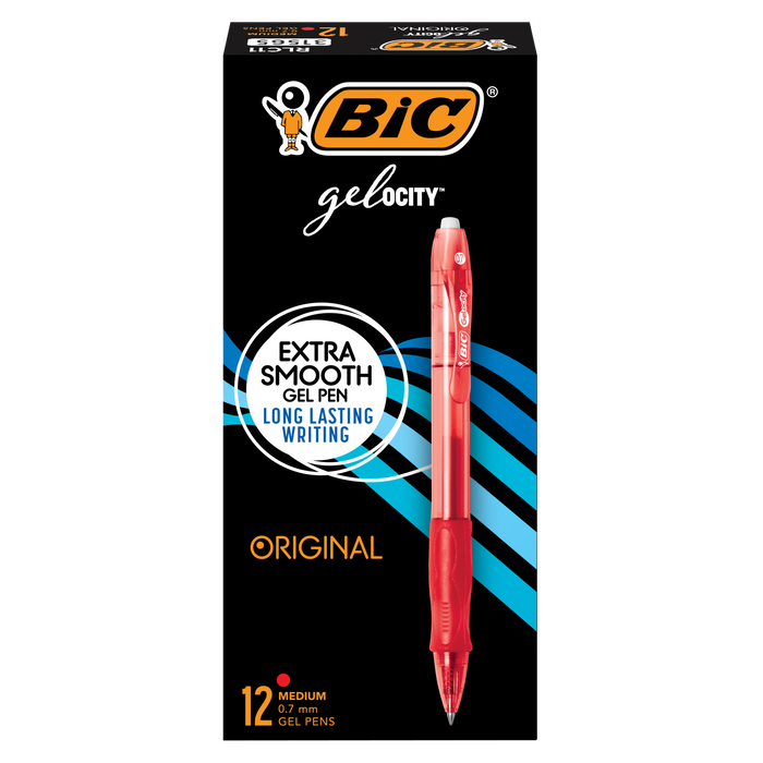 BIC Gelocity Original Red Gel Pens, Medium Point (0.7mm), 12-Count Pack, Retractable Gel Pens With Comfortable Grip
