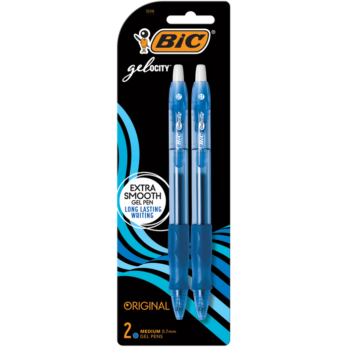 BIC Gelocity Original Blue Gel Pens, Medium Point (0.7mm), 2-Count Pack, Retractable Gel Pens With Comfortable Grip