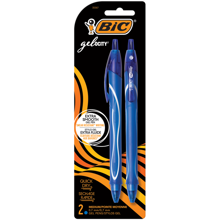 BIC Gelocity Quick Dry Blue Gel Pens, Medium Point (0.7mm), 2-Count Pack, Retractable Gel Pens With Comfortable Full Grip
