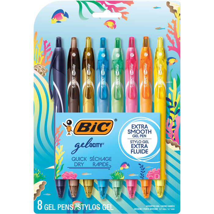 BIC Gelocity Quick Dry Ocean Themed Gel Pens, Medium Point (0.7mm), 8-Count Gel Pen Set, Colored Gel Pens for Note Taking and Journaling