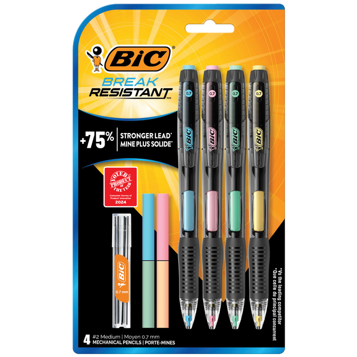 BIC Break Resistant Mechanical Pencils with Erasers, No. 2 Medium Point (0.7mm), 4-Count Pack Pencils for School or Office Supplies, Lead and Eraser Refills