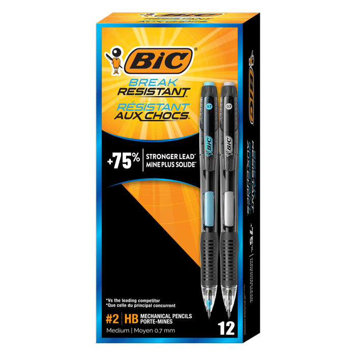 BIC Break Resistant Mechanical Pencils with Erasers, No. 2 Medium Point (0.7mm), 12-Count Pack of Pencils for School or Office Supplies