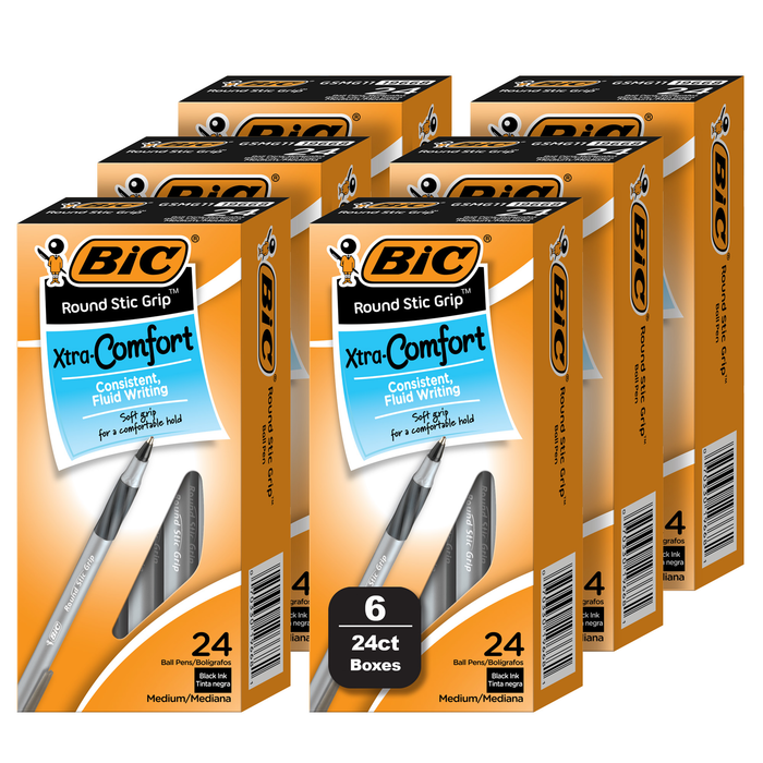 BIC Round Stic Xtra Comfort Black Ballpoint Pens, Medium Point (1.2mm), 144-Count Pack of Bulk Pens, No. 1 Selling Ballpoint Pens