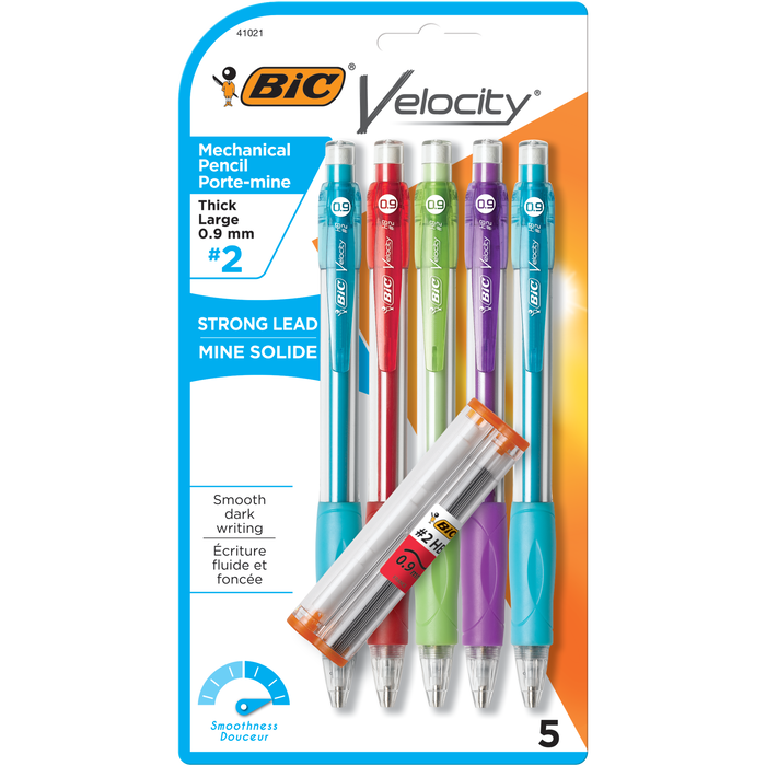 BIC Velocity Strong Lead Mechanical Pencils, With Colorful Barrel, Thick Point (0.9mm), 5-Count Pack Mechanical Pencils With Erasers
