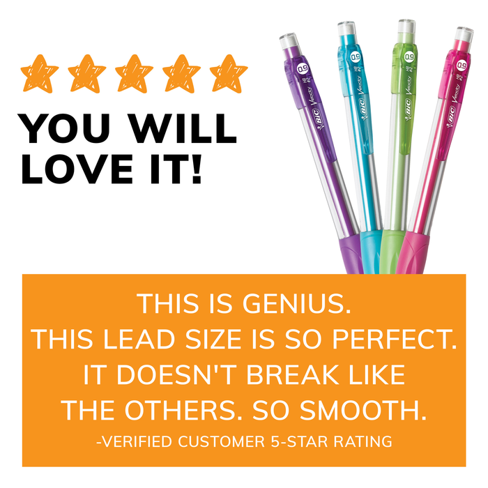BIC Velocity Strong Lead Mechanical Pencils, With Colorful Barrel, Thick Point (0.9mm), 5-Count Pack Mechanical Pencils With Erasers