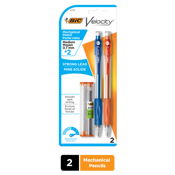 BIC Velocity Mechanical Pencils, With Colorful Barrel, Medium Point (0.7mm), 2-Count Pack Mechanical Pencils With Erasers