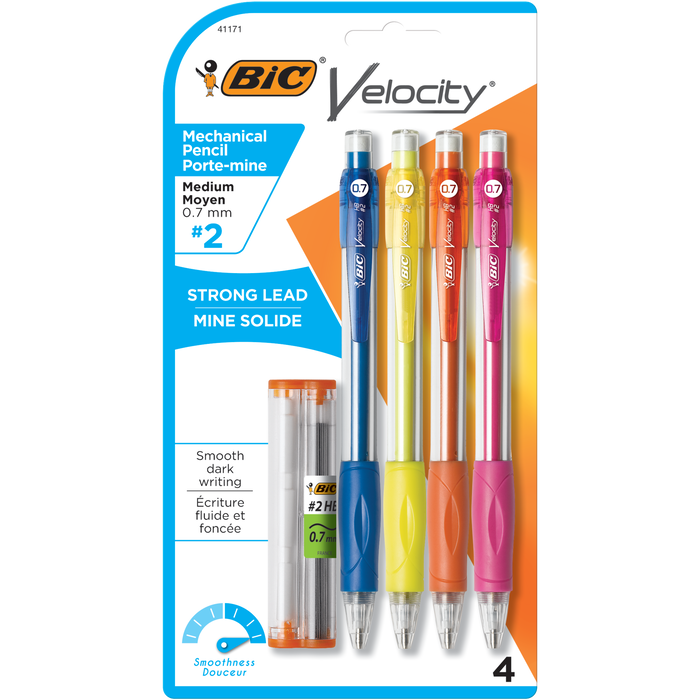 BIC Velocity Mechanical Pencils, With Colorful Barrel, Medium Point (0.7mm), 4-Count Pack Mechanical Pencils With Eraser and Lead Refills
