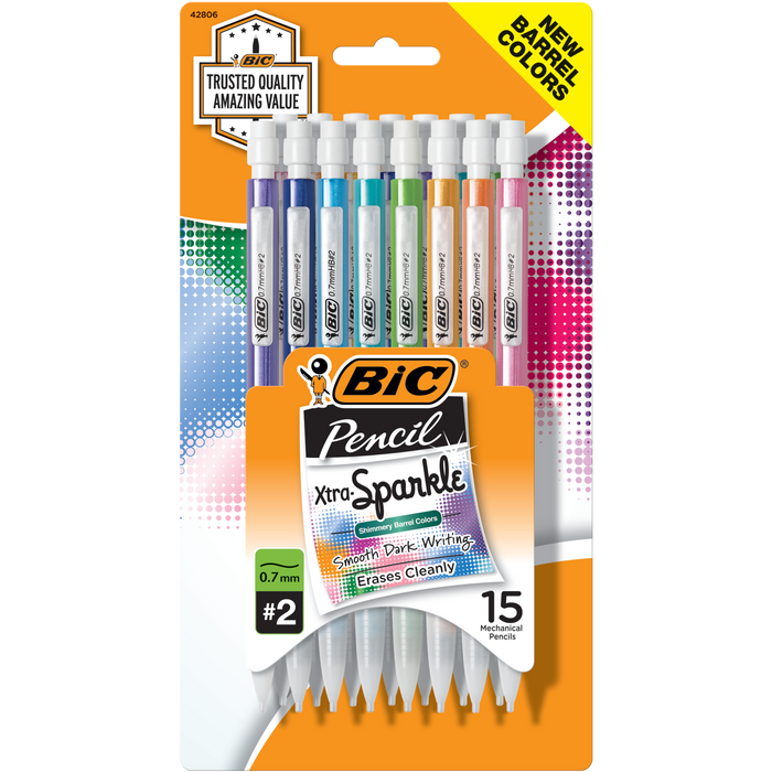 BIC Xtra-Sparkle Number 2 Mechanical Pencils With Erasers, Medium Point (0.7mm), 15-Count Pack, Cute Mechanical Pencils for Girls, Boys and Adults