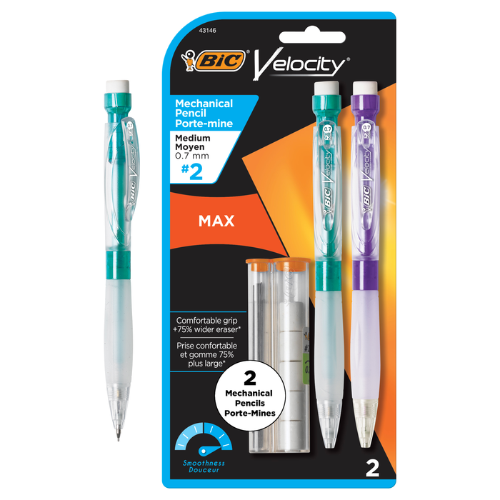 BIC Velocity Max Mechanical Pencils, With Colorful Barrel, Medium Point (0.7mm), 2-Count Pack Mechanical Pencils With Erasers and Lead Refills
