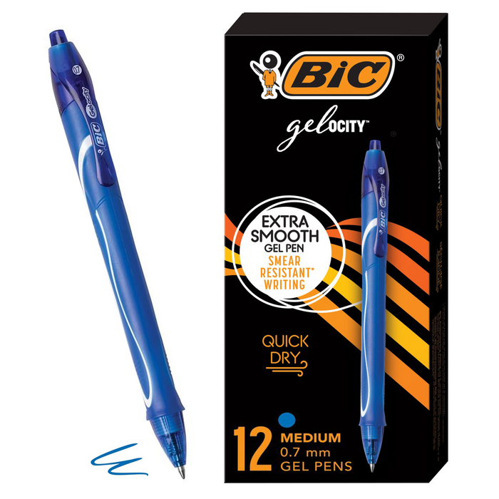 BIC Gelocity Quick Dry Blue Gel Pens, Medium Point (0.7mm), 12-Count Pack, Retractable Gel Pens With Comfortable Full Grip