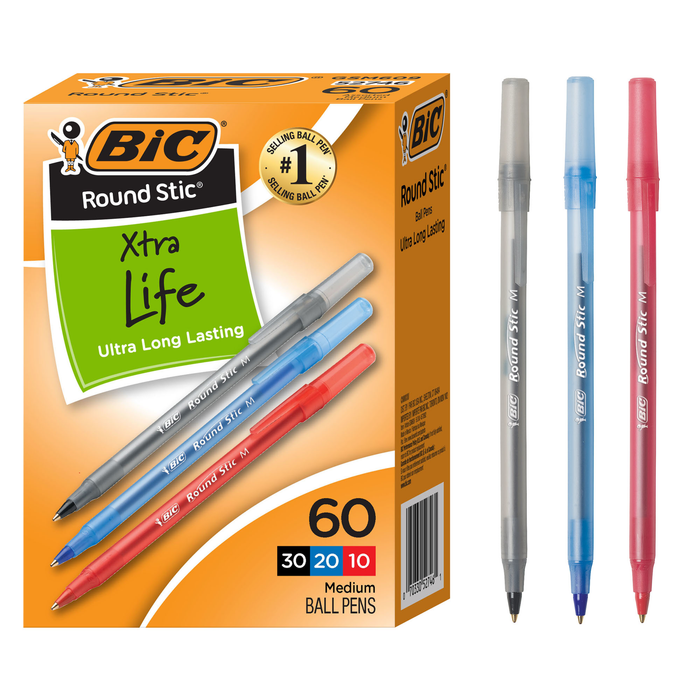 BIC Round Stic Xtra Life Assorted Ink Ballpoint Pens, Medium Point (1.0mm), 60-Count Pack of Bulk Pens, Flexible Round Barrel for Comfortable Writing, No. 1 Selling Ballpoint Pens