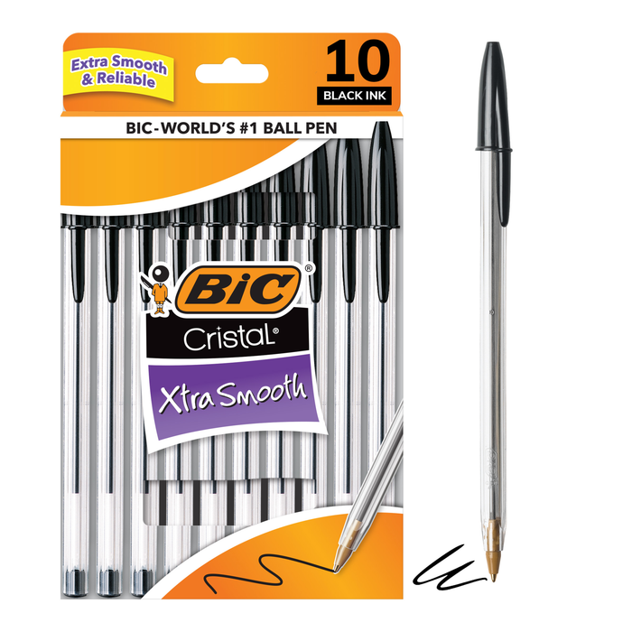BIC Cristal Xtra Smooth Black Ballpoint Pens, Medium Point (1.0mm), 10-Count Pack, Extra Smooth and Reliable Ballpoint Pens