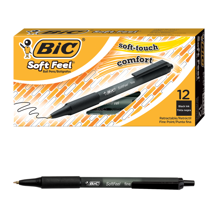 BIC Soft Feel Black Retractable Ballpoint Pens, Medium Point (1.0mm), 12-Count Pack, Black Pens With Soft-Touch Comfort Grip