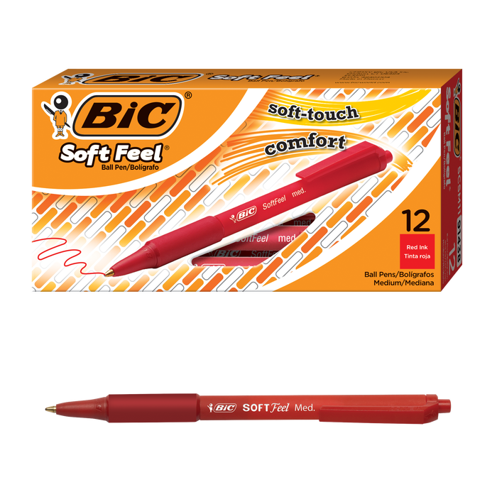 BIC Soft Feel Red Retractable Ballpoint Pens, Medium Point (1.0mm), 12-Count Pack, Red Pens With Soft-Touch Comfort Grip