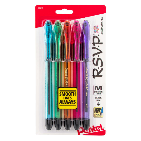 Pentel RSVP Razzle-Dazzle Ballpoint Pen, (1.0mm) Medium Line, BLACK Ink, Assorted Barrel Colors